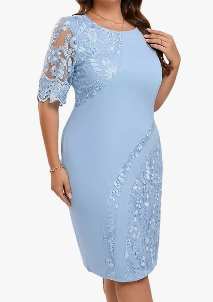 Women Ummer for Wedding Guest Short Sleeve O-Neck Lace Floral Party Elegant Dresses XL