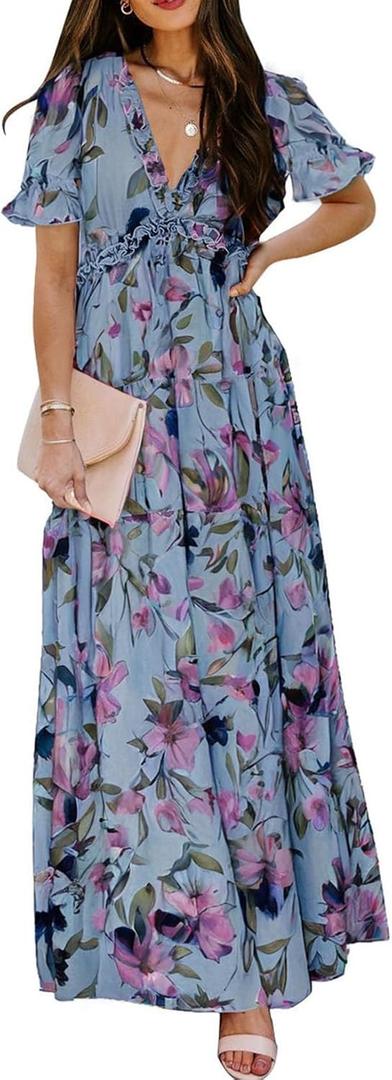 BLENCOT Womens Casual Boho Floral Printed V Neck Short Sleeve Long Evening Dress Ruched Cocktail Party Maxi Wedding Dress (Blue, L)