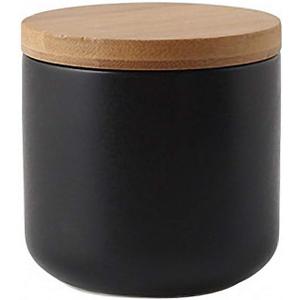 Pure Color Ceramic Sugar Bowl with Wooden Lid Sugar Dispenser Salt Pepper Storage Jar Pot Sugar Container Seasoning Pot Box Condiment Spice Racks Holder for Home Kitchen Black Small