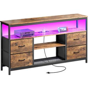Huuger TV Stand Dresser with Power Outlets and LED Lights, 4 Drawers Entertainment Center with Shelves, 54 Inch Media Console for 55 60 Inch TV, 4 AC Outlets, 2 USBs, Rustic Brown