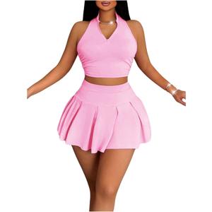 Women's 2 Piece Tennis Skirt Set Sleeveless Racerback Crop Tank Tops High Waisted Pleated Mini Skirt Outfits (Pink) M