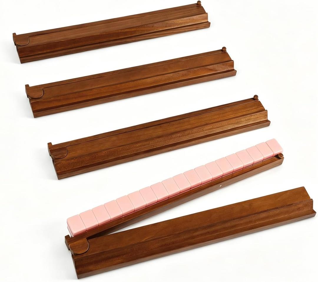 Wooden Mahjong Racks with Pushers Set of 4 – Premium Mahjong Tile Racks and Mahjong Pushers Combo, Essential Mahjong Accessories for American Mah Jongg (Buckle-Brown, Standard)