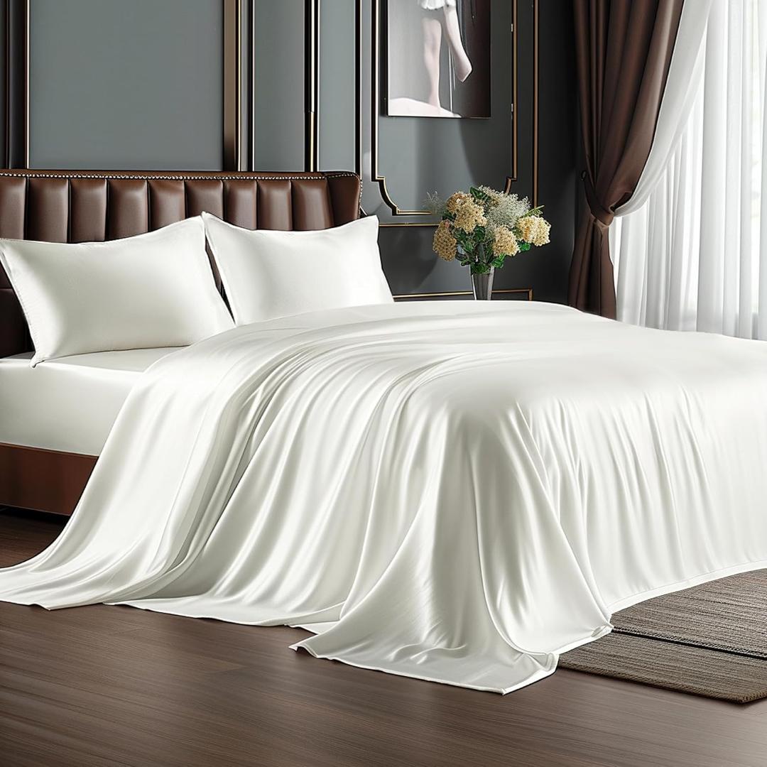BEDELITE Satin Sheets Queen Size Bed Set, Luxury Soft Ivory White Silky Sheets for Hair and Skin, Similar to Silk Bed Sheets Set 4 Pieces 1 Deep Pocket Fitted Sheet, 1 Flat Sheet, and 2 Pillowcases