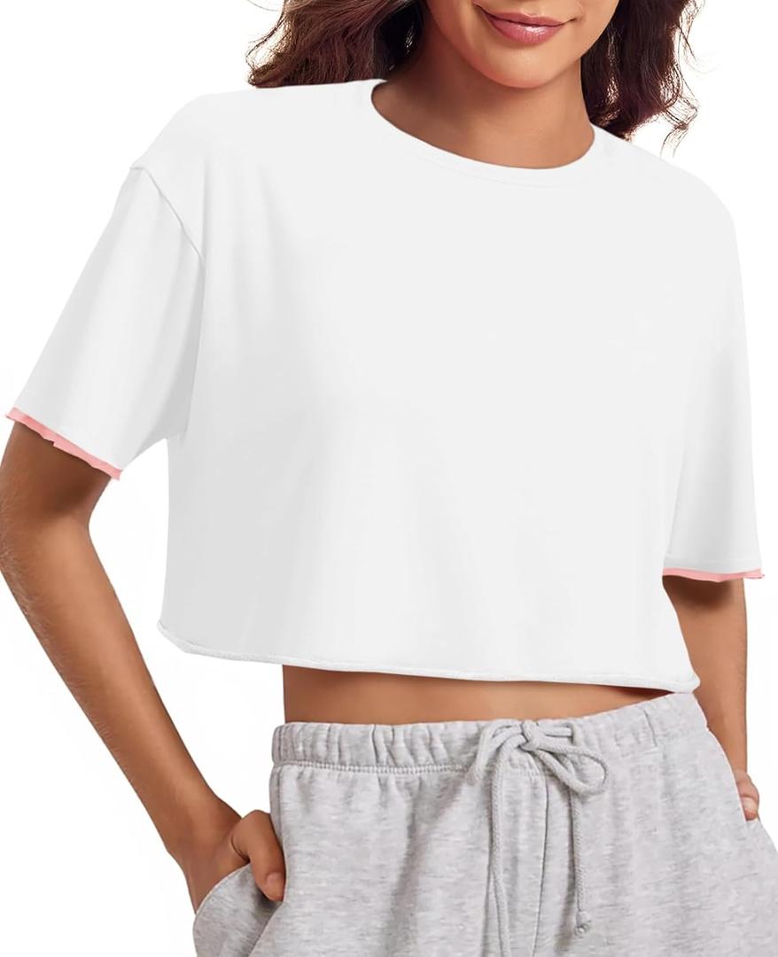 Fisoew Womens Oversized Crop Tops Casual Short Sleeve Crewneck Loose Basic Tee Summer Workout Running T Shirts (Large)