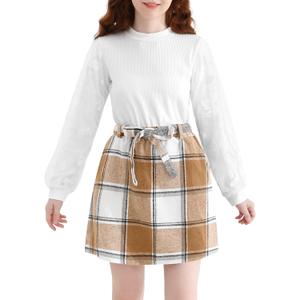 2-Piece Girls Skirt Set Winter Plaid Skirt Set Casual Fall Long Sleeve Rib Knit Shirt Tops Dress Outfit with Pockets (7-8 Years, White+brown and White)