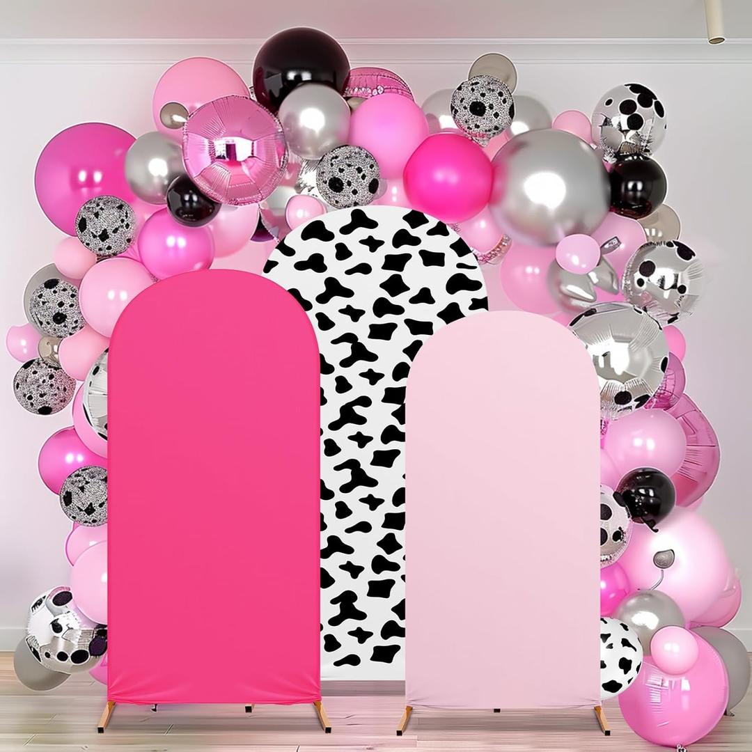 3 Sets Cow Theme Party Arch Backdrop Cover Cow Birthday Party Decorations Spandex Backdrop Stand Cover 4ft, 5ft, 6ft for Birthday Banquet Ceremony(Pink)