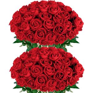 Red Roses Artificial Flowers 50 Pack in Bulk, Fake Roses Flowers Realistic Roses for Wedding Home Party Decoration Event Gift (Red)