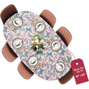 Covers For The Home Deluxe Elastic Edged Flannel Backed Vinyl Fitted Table Cover - Butterfly Pattern - Round Oblong Oval - Fits Tables up to 48" W x 68" L