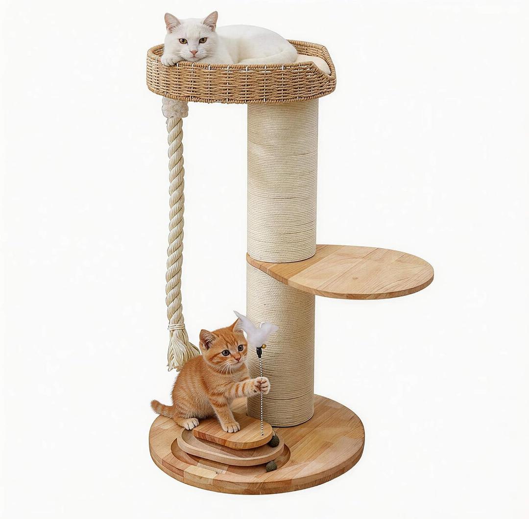 28.5in Wooden Cat Tree for Large Cats, Modern Cat Tower | Solid Wood Cat Condo, with Thick Scratching Post, with Handwoven Basket, with Sisal Rope and Feather Toy, for Indoor Cats