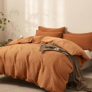 JELLYMONI Duvet Cover Queen Size Waffle Weave Duvet Cover Set Caramel 3PCS Soft Polyester Tufted Textured Breathable Knitted Jacquard Striped Comforter Cover with Corner Ties & Zipper Closure
