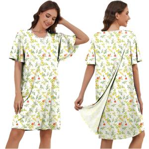 Post Surgery Hospital Gowns for Women Open Back Ruffle Sleeve Patient Gown Tear Away Adaptive Dress with Pockets, Floral Yellow, XX-Large