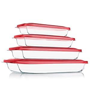 KOMUEE 8 Pieces Glass Baking Dish with Lids Rectangular Glass Baking Pan Bakeware Set with BPA Free Lids, Baking Pans for Lasagna, Leftovers, Cooking, Kitchen, Fridge-to-Oven, Red