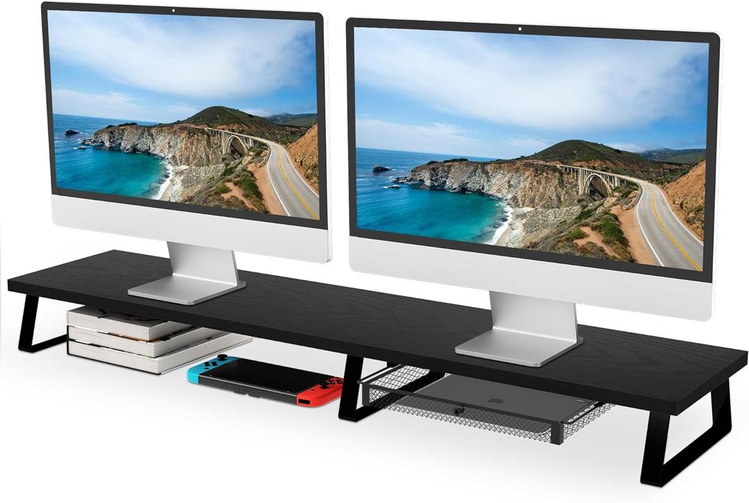 Aothia Large Dual Monitor Stand Riser - Monitor Stand For 2 Monitors, Monitor Stand With Drawer,Desk Shelf For Monitor, Wood Monitor Riser Stand with Storage Organize For Pc,Tv,Laptop,Screen (Black) (Black)