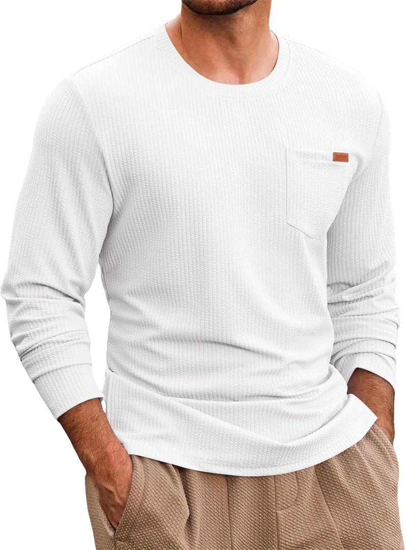 Yousify Mens Long Sleeve T Shirts Workout Athletic Crew Neck Pullover Shirt Casual Stretchy Loose Fit Shirts (White, XXL)