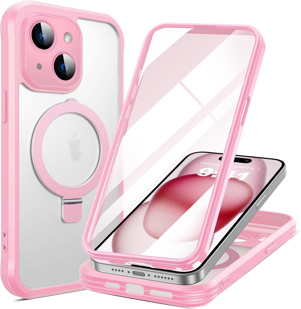 for iPhone 15 Plus Case with Invisible Magnetic Stand, Compatible with Mag-Safe Translucent Matte with Built-in Screen Protector, Shockproof Protective Phone Case for Women Men, Pink