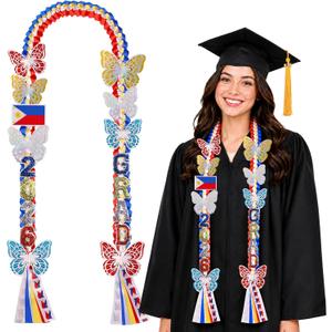Class of 2026 Philippines Graduation Leis,Double Gold Graduation Lei Ribbon with Butterfly and Pins Accessories, Handmade Money Lei Flowers Congrats Graduation Gift for Her Him