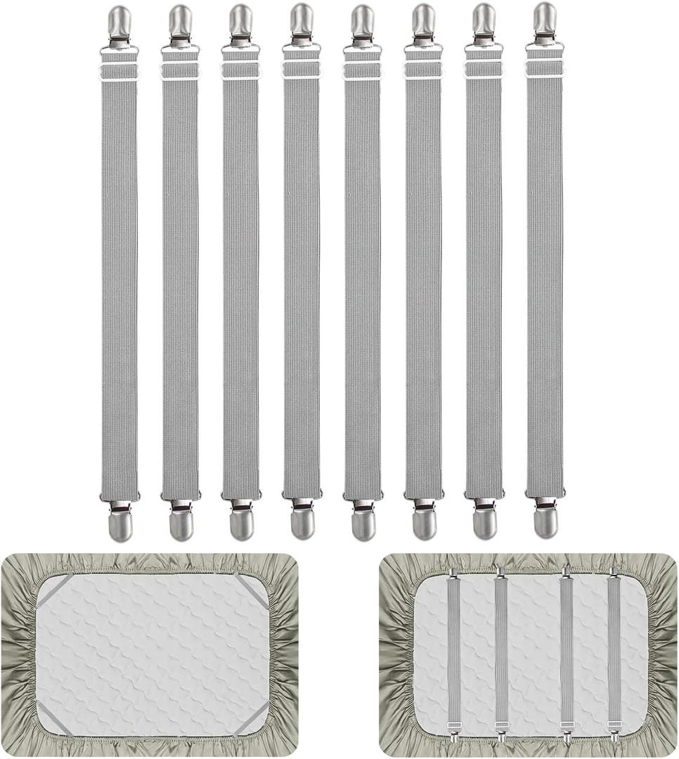 8Pcs Adjustable Bed Sheet Straps Clips, Elastic Mattress Sheet Fasteners Holder and Suspenders, Grippers to Hold Sheet, Mattress, Sofa, Couch, Table Cloth, Ironing Board Cover(Grey)