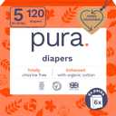 Pura Size 5 Eco-Friendly Diapers (24-35 lbs) Totally Chlorine Free (TCF), Hypoallergenic, Soft Organic Cotton, Sustainable, up to 12 Hours Leak Protection, Allergy UK, 6 Packs of 20 (120 Diapers)