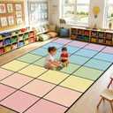 7.6x12 ft Large Pastel Checkered Classroom Rug Colorful Checkered Educational Area Mat Rainbow Play Carpet Back to School Learning Mat for Preschool Playroom Nursery Kindergarten(Pastel Rainbow)