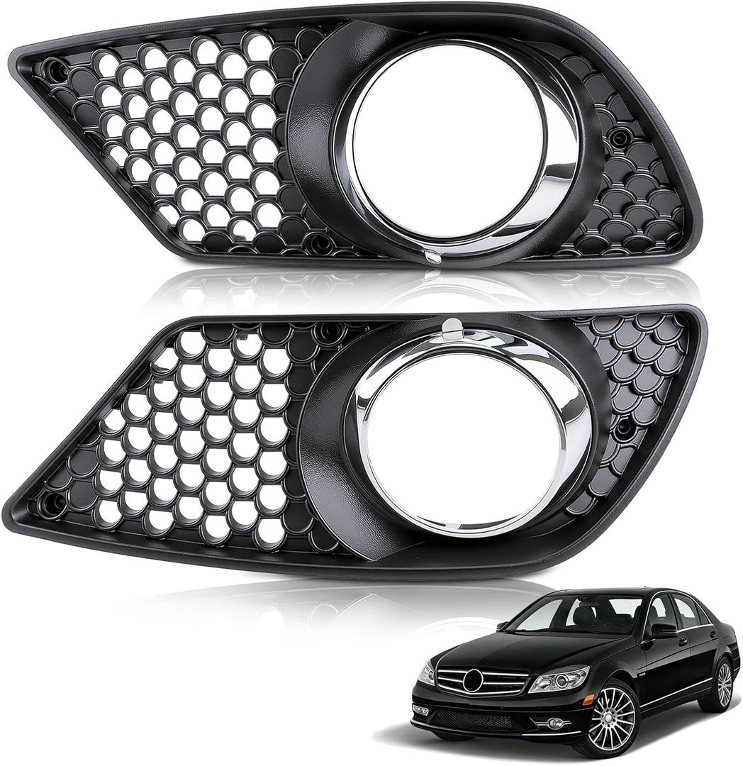 AUTOKAY Front Left and Right Fog Light Chrome Shell with Black Insert Cover Trims For Mercedes Benz C300 W204 08-2011 Set of 2 LED Angle Eyes Fog Light Lamps Cover Grill
