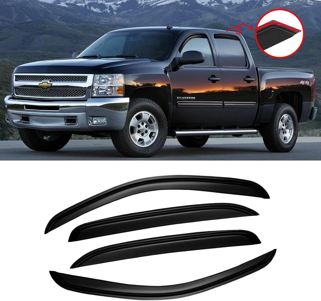 Window Visor for 2007-2013 Chevy Silverado 1500/ GMC Sierra 1500/ Avalanche/Suburban Crew Cab, Rain Guards Vent Deflector Shade Dark Smoke 07-14 Silverado/Sierra 2500 3500HD/ 07-14 Yukon XL, Tape-On