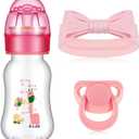 Blushtier 3 Pieces Reborn Baby Doll Accessories, Include Baby Doll Bottles, Magnetic Pacifier and Baby Doll Headband Feeding Bottle for Reborn Dolls (Pink,Giraffe Pattern), Medium