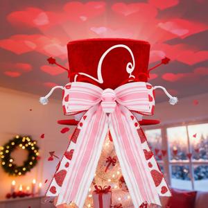 Valentines Day Tree Topper Hat with Projector Rose Red Large Velvet Hat Decor with LED Light Rotating Heart Romantic Gift for Valentine's Day Wedding Holiday Party Decoration