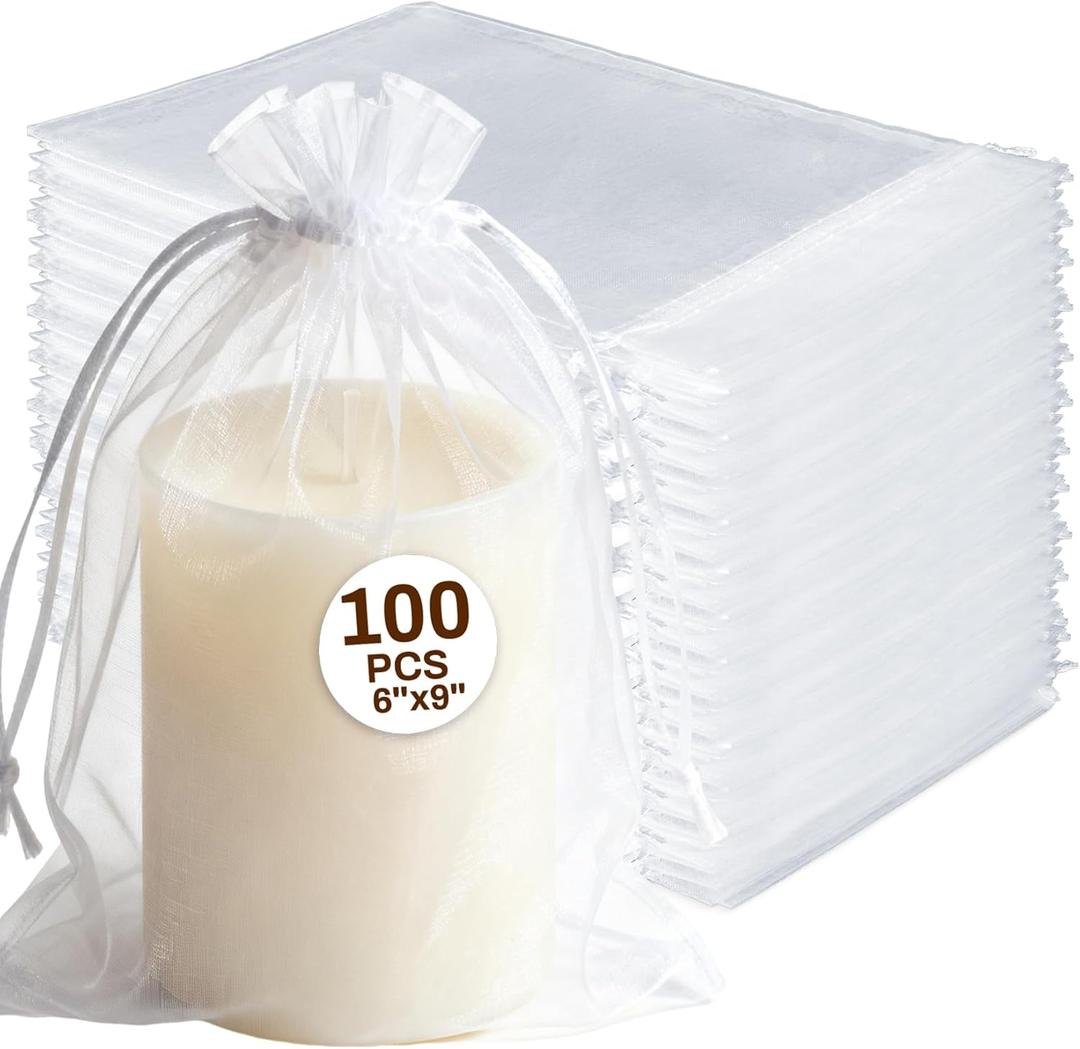 Sukh White Organza Bags 6"x9" - 100pcs Large Sheer Mesh Drawstring Bags for Jewelry, Soap, Fruits, Candy, Small Gift Bag for Weddings, Valentine's Day, Mother's Day, Halloween, Thanksgiving, Christmas