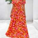 BTFBM Womens Spring 2026 Casual Maxi Dresses Short Sleeve Smocked Tiered Floral Boho Long Beach Dress with Pockets (Orange, M)