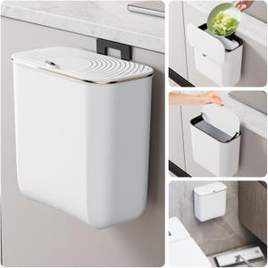 2.4 Gallon Hanging Trash Can - Small Under Sink Trash Can with Lid, Wall Mounted Garbage Bin for Kitchen & Bathroom Cupboard, Odor-Control, Extended Clamping Ring, White
