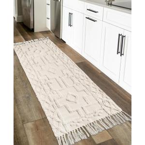 Uphome Boho Hallway Runner Rug 2'x 6', Beige Cotton Washable Kitchen Rug Runners with Tassels, Hand Woven Western Entryway Runner Rugs, Morrocan Accent Throw Carpet for Hallways Bedroom Bathroom