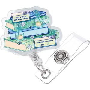 2 x Funny Book Lover Retractable Badge Reel, Pink Glitter Acrylic Badge Reel with Alligator Clip, Cute Bookish Gifts for Reader Writer Teacher Student