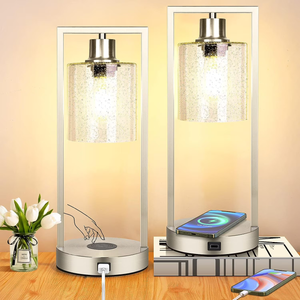 Set of 2 Silver Table Lamps for Bedrooms with Wireless Charging, Touch Control Bedside Nightstand Lamp 3-Way Dimmable, Bubble Glass Lamp with USB Port for Living Room End Table Office, Bulbs Included