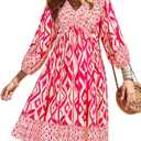 BTFBM Women Casual Spring Summer Dresses V Neck 3/4 Long Sleeve Ruffle Floral Flowy Boho Babydoll Mini Short Beach Dress (Pink, M)