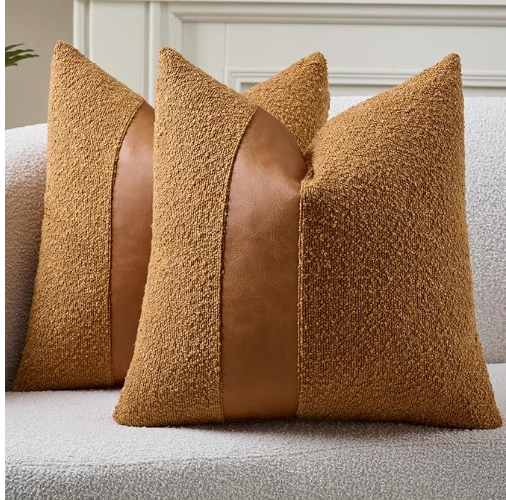 Pack of 2 Faux Leather Boucle Throw Pillow Covers 18"x18" Golden Brown Chic Accents Textured Square Decorative Pillow Cases for Living Room Couch Bed Farmhouse Boho Home Decor