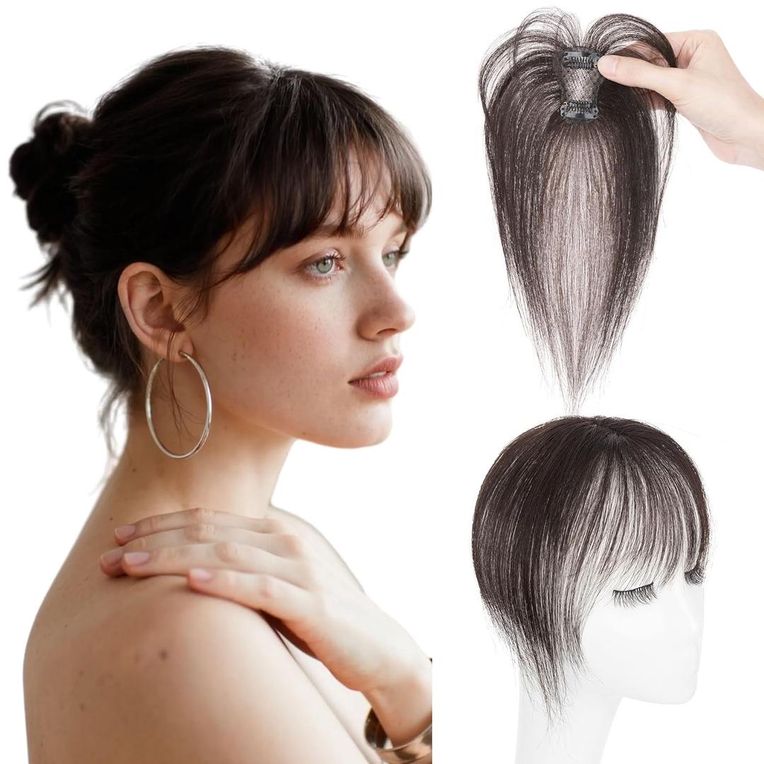SEGO Clip in Bangs Real Human Hair, 3603D Cover Wispy Bangs Topper Hair pieces for Women With Thinning Hair -#01B Brown Black