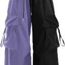 Skateboard Frog Women Y2K Baggy Streetwear Hip Hop Parachute Pants Lightweight Wide Leg Drawstring Cargo Pants Dance (Large, Black)