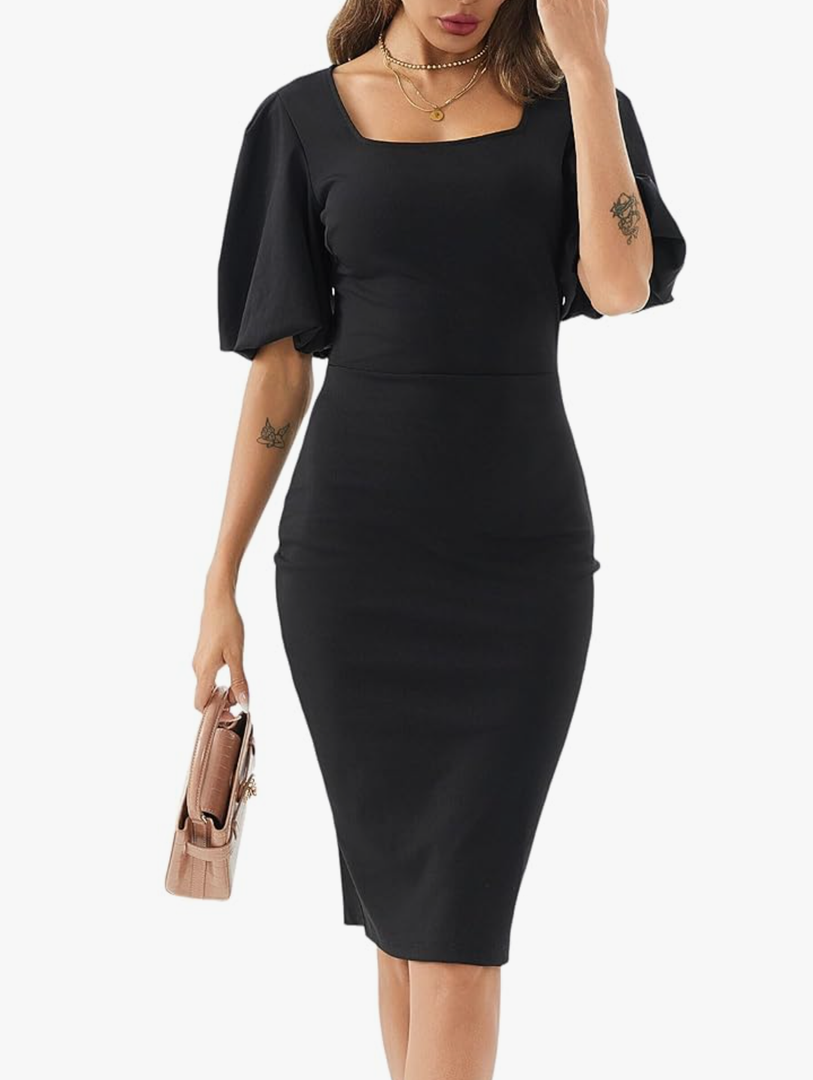 Womens Summer Dresses Square Neck Lantern Sleeve Bodycon Pencil Midi Dress XXL