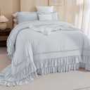 Masaca Oversized King Comforter 128x120,3 Pieces Vintage Farmhouse Ruffled Bedding Comforter Set Lightweight Ultra Soft French Country Bedding (1 Light Blue Ruffle Comforter +2 Pillowcases), Oversized King Plus 128x120