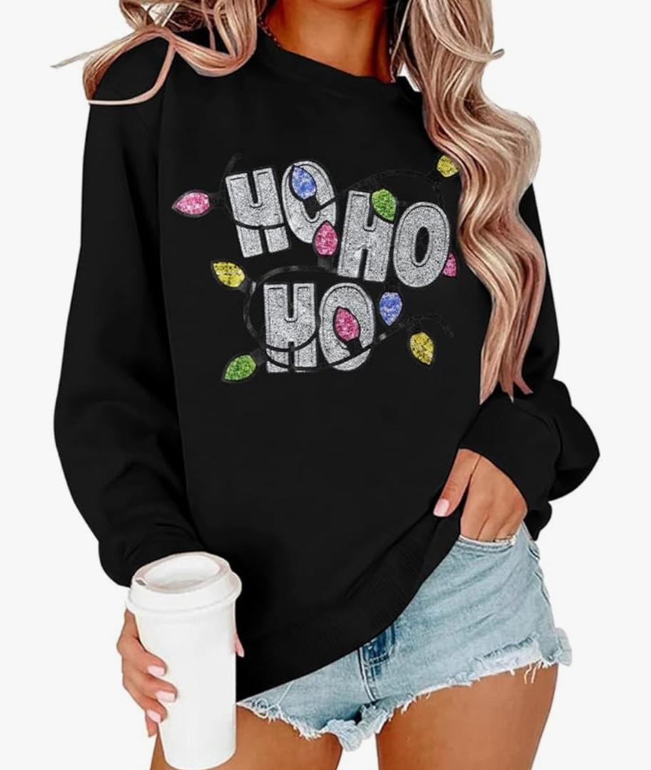 LOTUCY Sequin Christmas Sweatshirt Women: Santas Favorite HoHoHo Christmas Sweater Merry Holiday Long Sleeve Tops, S