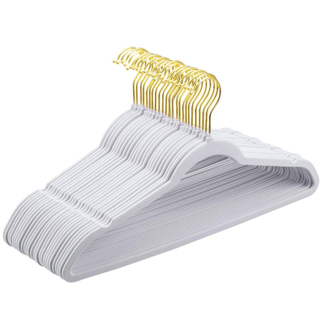 Premium Velvet Clothes Hangers Pack of 60, Heavy Duty - Non Slip - Velvet Suit Hangers with White - Gold Hook, 0.2 Inch Slim Space Saving Hangers for Suits, Pants, Shirts, and Dress (White)