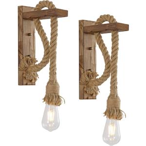 KEESFU Wall Sconce Set of 2, Farmhouse Wood & Hemp Rope Wall Mount Light Fixture, Rustic Light Fixtures for Bedroom Entryway Hallway Living Room.