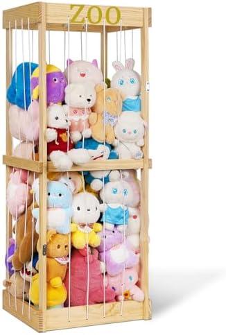 Trycooling Stuffed Animal Zoo Stuffed Animal Storage Wood Plushie Storage Stuffed Animals Zoo Storage Cage with Zoo Pattern Elastic Band for Nursery Play Room Bedroom (Wood)