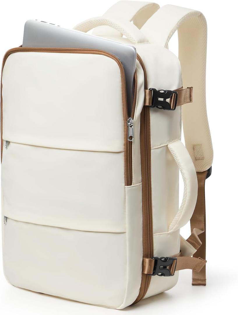 Travel Laptop Backpack For Women Men,Carry On Backpack,Airplane Travel Essentials For Women,Personal Item Travel Bag Laptop Work Backpacks,Beige Brown, Large Standard