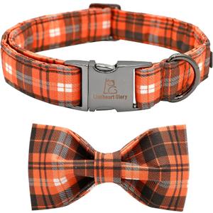 Lionheart glory Halloween Holiday Dog Collar Adjustable Soft Dog Collar with Bowtie, Pet Gift Dog Collars Bow for Small Medium Large Dogs (Small (Pack of 1, Orange Grid)