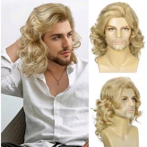 Long Blonden Wig for Men Natural Curly Wavy Hair Halloween Accessory 70s 80s Rocker Cosplay Synthetic Wigs(Dirty Blonde)