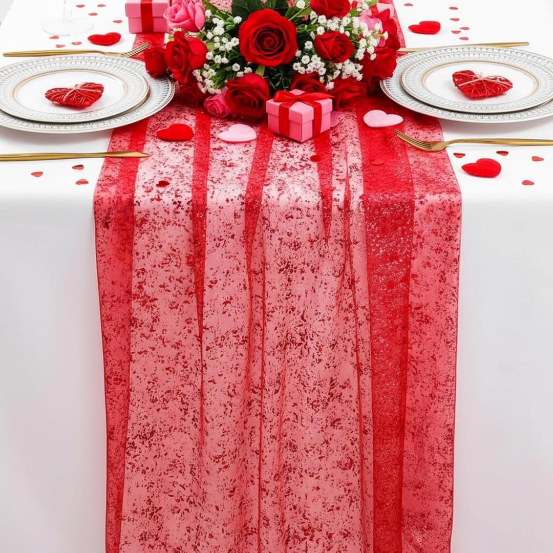 Newwiee 3 Pcs 120 Inch Red Gold Gauze Table Runner Thick Glitter Metallic Foil Sheer Chiffon Tulle Party Table Decor Centerpiece for Dining Wedding Anniversary Holiday Party