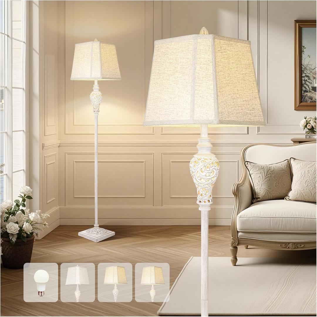 Floor Lamp for Living Room, Vintage Standing Lamp with Nightlight, 65" Tall Lamp with White Linen Shade, Farmhouse Rustic Floor Lamp for Bedroom, Office, Corner (LED Bulb Included) (Washed White-No Tray)