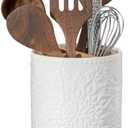 Howise 7" Relief Utensil Holder, Large Kitchen Utensil Holder Organizer , White Stable Utensil Crock Spatula Holder for Kitchen Counter Countertop Farmhouse Cooking Tools Holder with Bamboo Frame