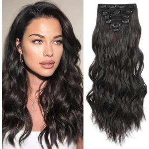 Fliace Clip in Hair Extensions, 6 PCS 24 Inch Hair Extensions Clip Ins, Black Long Wavy Hairpieces(24inch, 6pcs, Dark Brown)